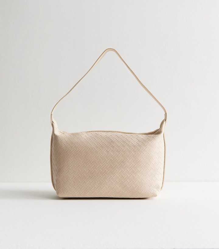 Cream Woven Faux Leather Shoulder Bag