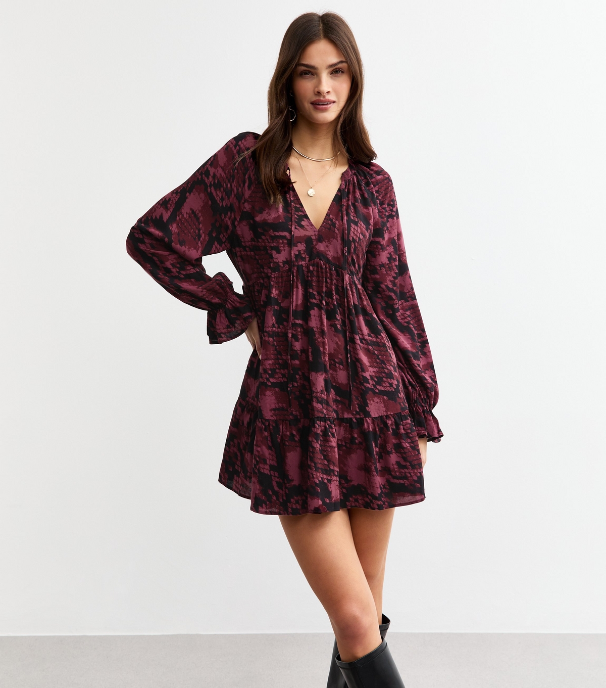 Women's Red Snake Print Tie Neck Mini Dress New Look