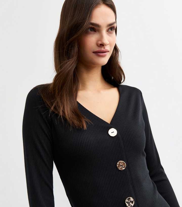 Black Ribbed Button Detail Midi Dress | New Look