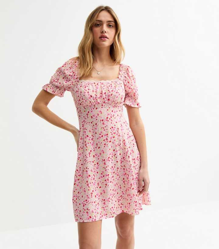 Pink Floral Print Lace Trim Mini Dress | New Look