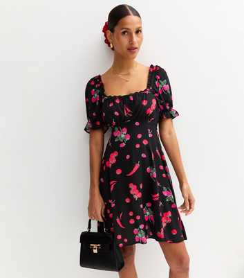 Black Berry Print Milkmaid Mini Dress