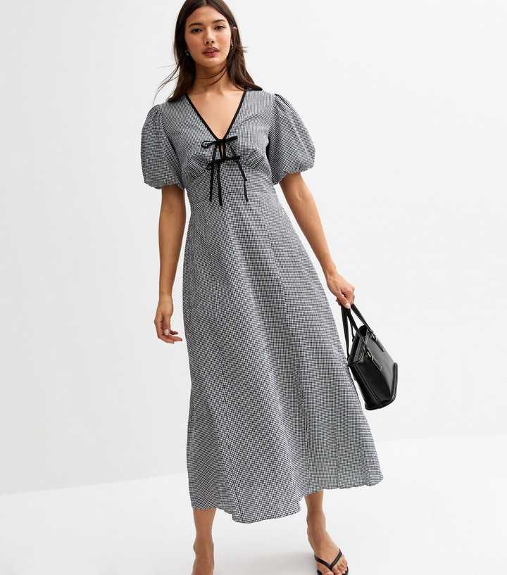 Black Gingham Check Tie Neck Midi Dress