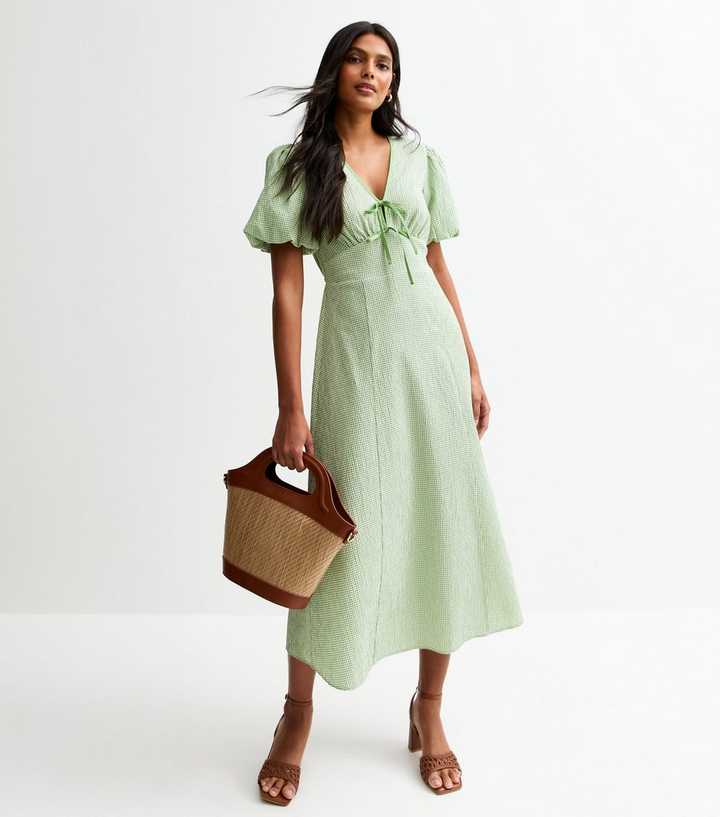 white linen midi dress with sleeves Linen Button-Front Midi Dress with Puff Sleeves & Tie Detail White / XL