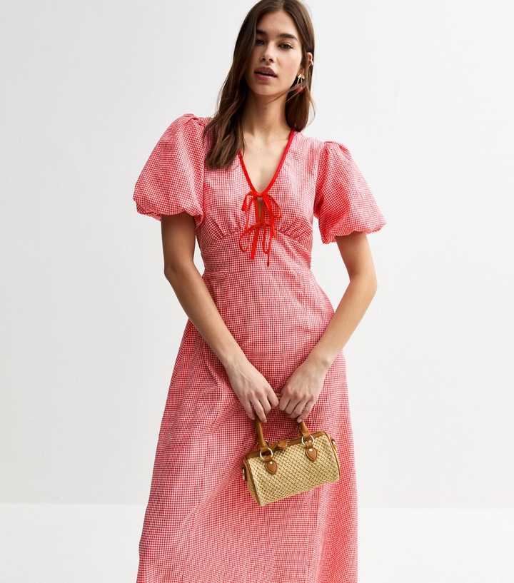Red Gingham Check Tie Neck Midi Dress | New Look