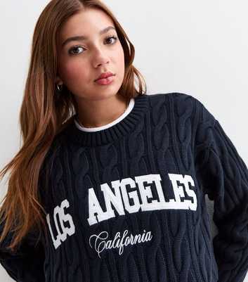 Girls Navy Los Angeles Slogan Cable Knit Jumper