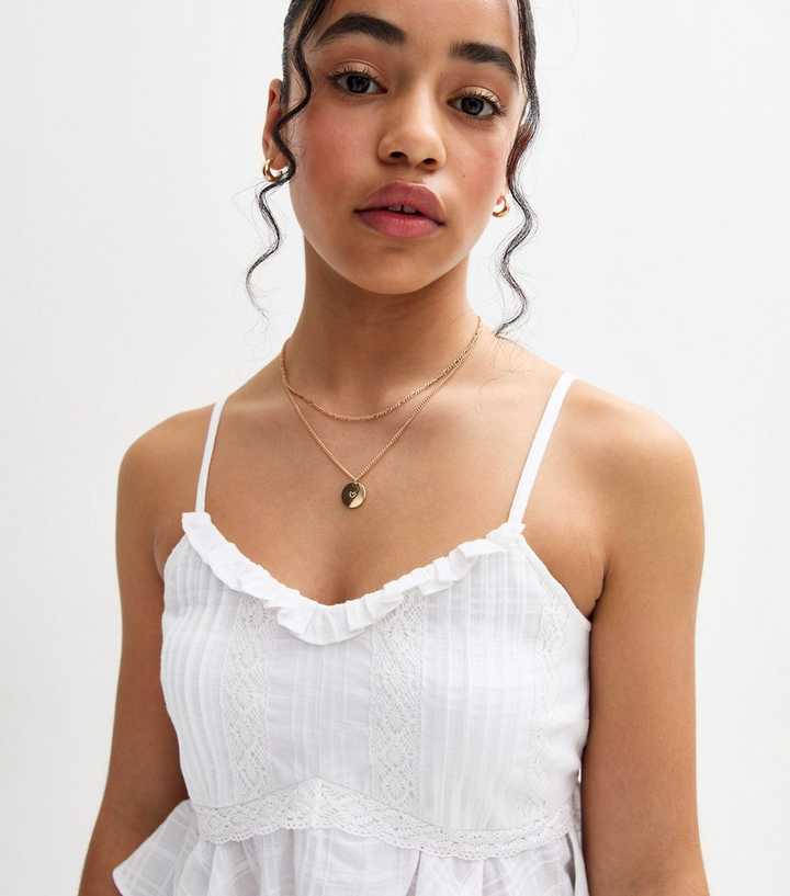 Girls White Pintuck Frill Trim Baby Doll Top