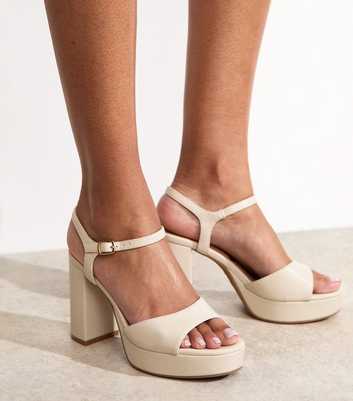 Off White Faux Leather Platform Sole Block Heel Sandals