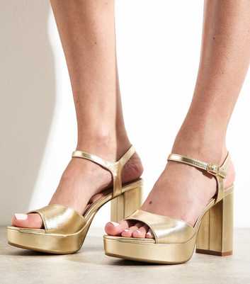 Gold Faux Leather Platform Sole Block Heel Sandals