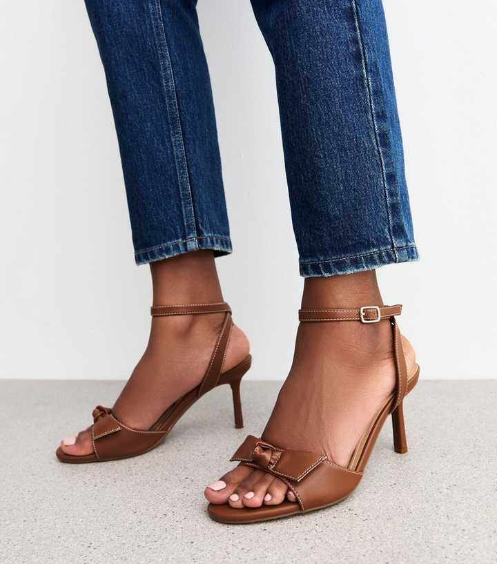 Camel Faux Leather Contrast Stitch Bow Strap Sandals