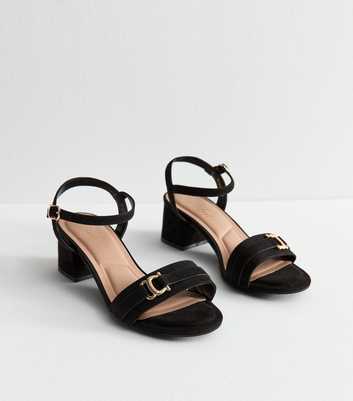 Wide Fit Black Faux Suede Horsebit Detail Strappy Sandals
