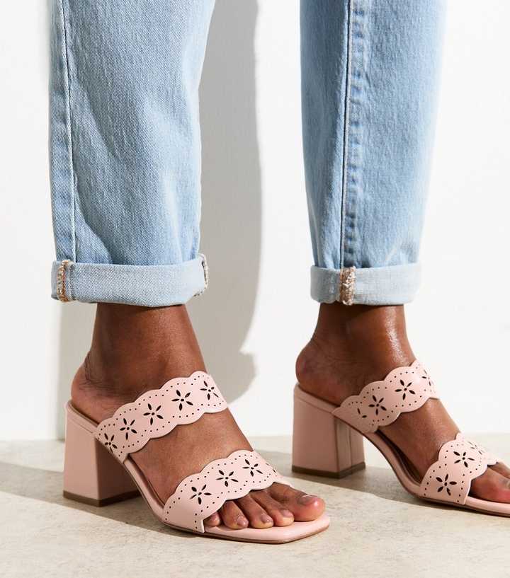 Wide Fit Pink Faux Leather Cutout Block Heel Mules