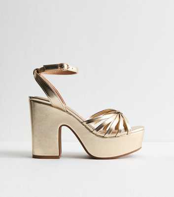 Gold Knotted Strap Faux Leather Block Heel Sandals