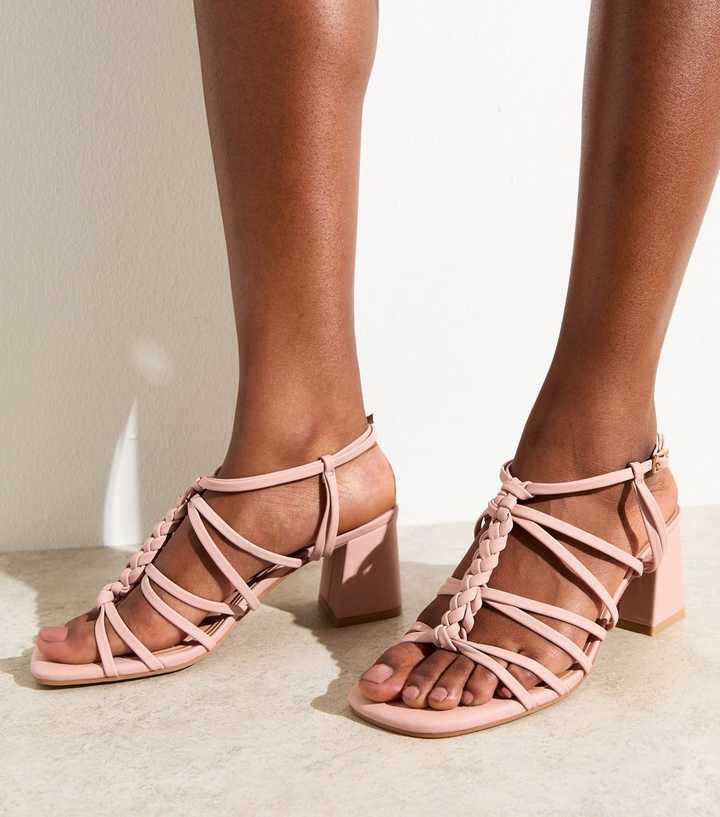 Wide Fit Pink Faux Leather Braided T-Bar Strappy Block Heel Sandals