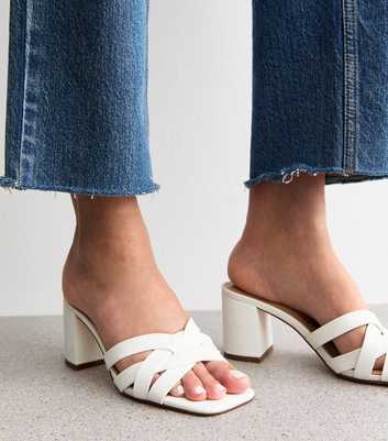 White Woven Strap Block Heel Sandals