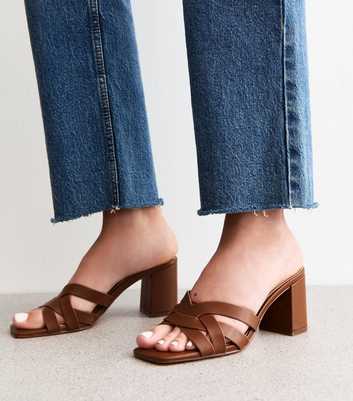 Camel Brown Woven Strap Block Heel Sandals