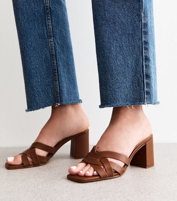 Camel Brown Woven Strap Block Heel Sandals New Look
