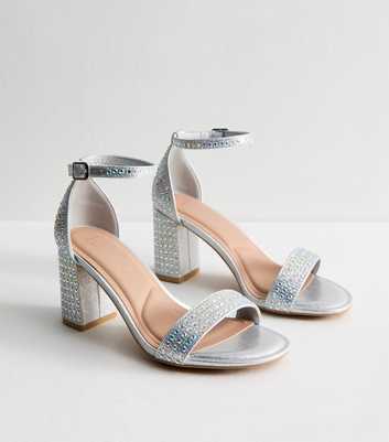 Wide Fit Silver Gem Embellished Block Heel Sandals