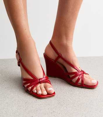 Red Faux Leather Strappy Wedge Sandals