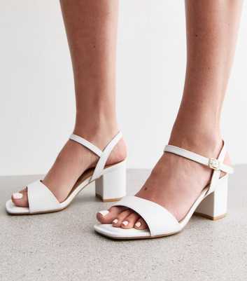 Extra Wide Fit White Faux Leather Curved Strap Block Heel Sandals 