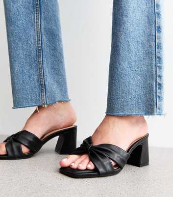 Wide Fit Black Faux Leather Knot Detail Open Toe Sandals