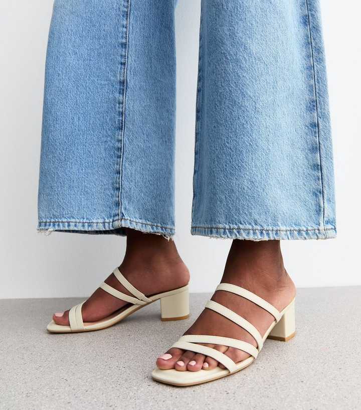 Off White Faux Leather Block Heel Mule Sandals