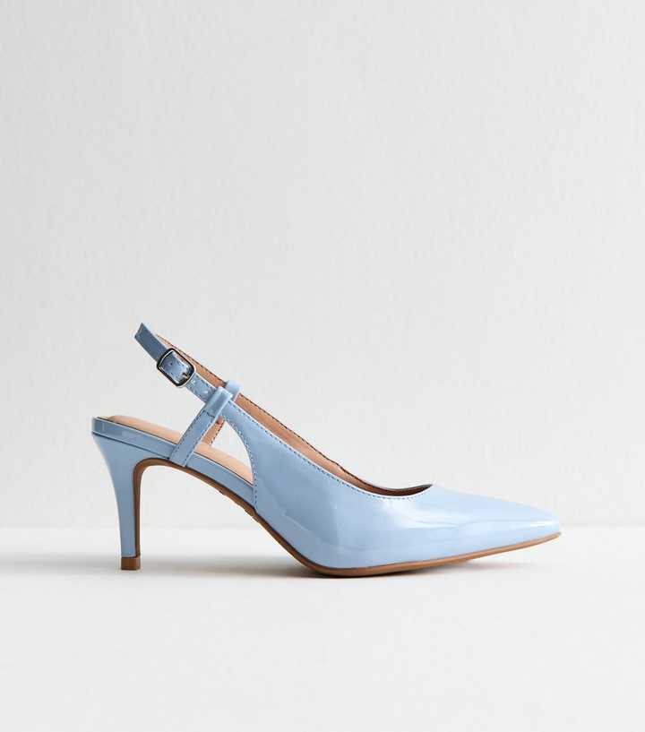 Wide Fit Light Blue Faux Patent Leather Slingback Strap Shoes