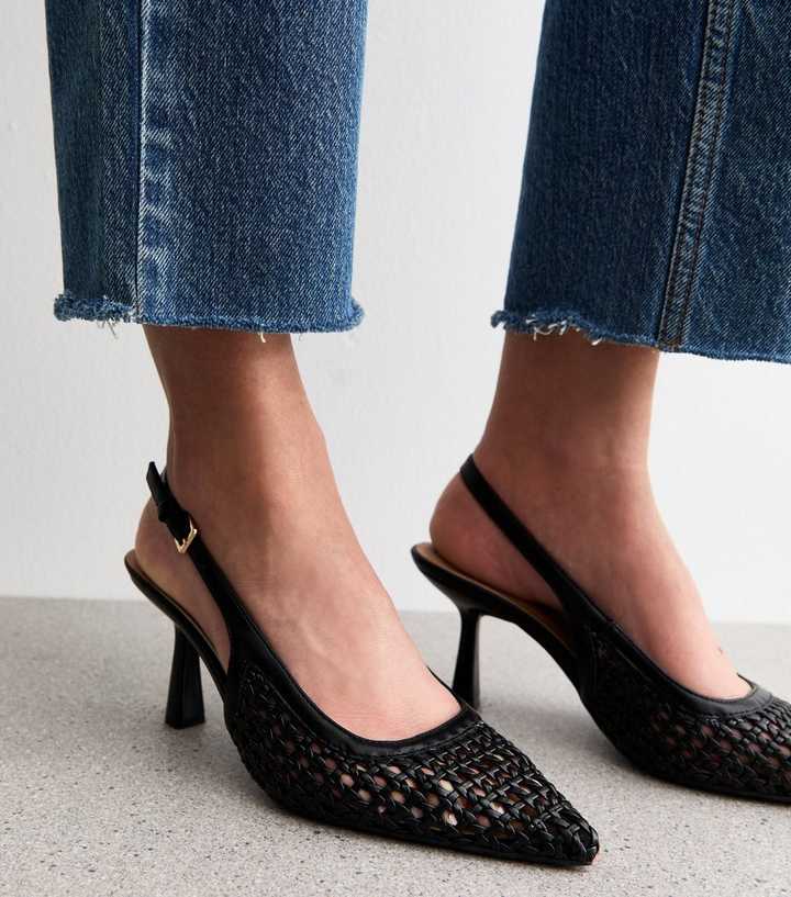 Black Faux Leather Woven Slingback Court Shoes