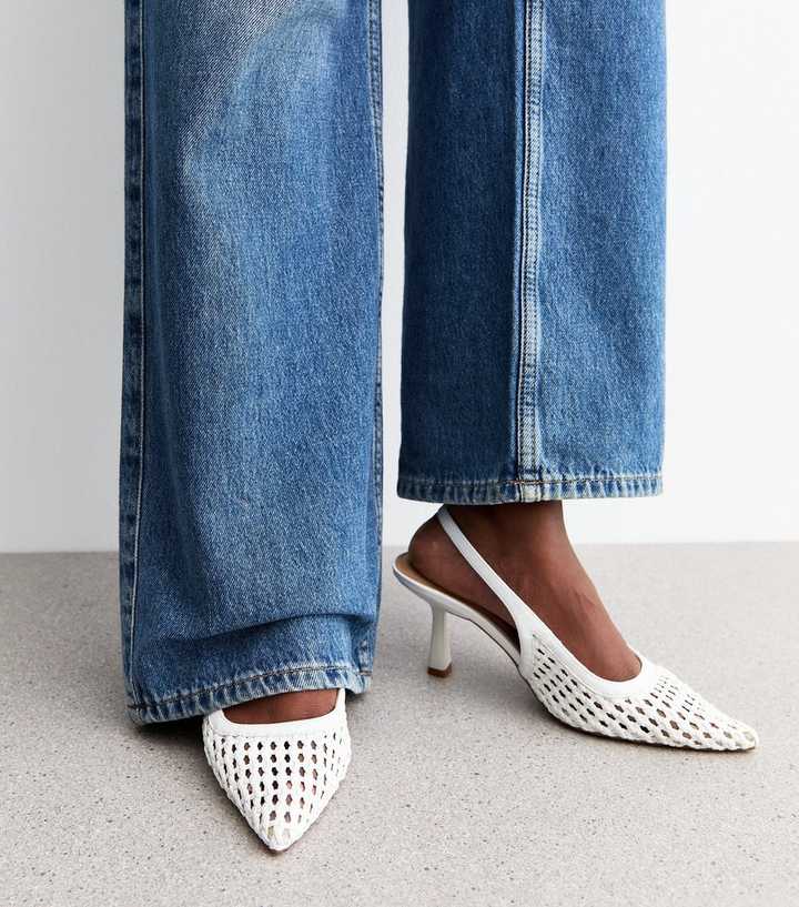 White Faux Leather Woven Slingback Court Shoes
