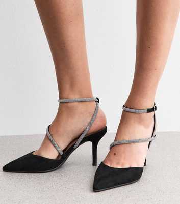 Black Diamanté Wraparound Strap Court Shoes