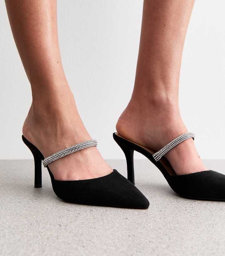Black Faux Suede Embellished Strap Backless Court Shoes