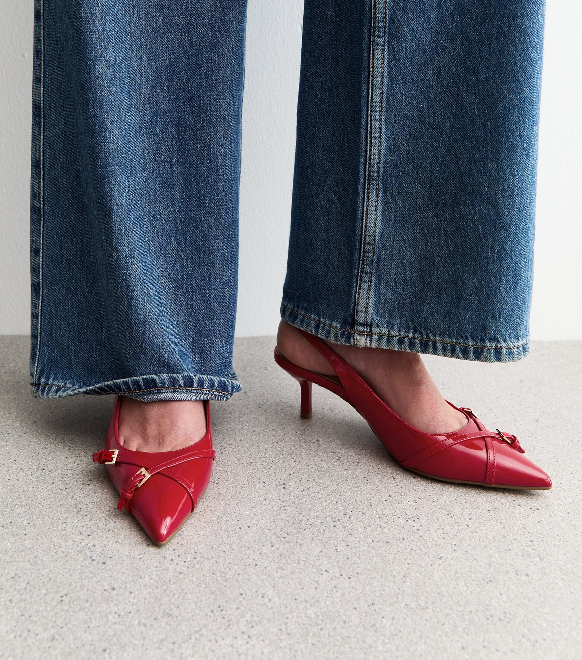 Women's Red Buckle Detail Patent Slingback Court Shoes Vegan New Look