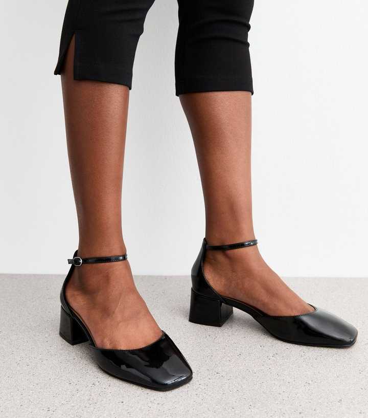 Black Faux Patent Block Heel Open Court Shoes
