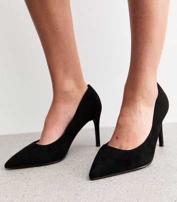 Extra Wide Fit Black Faux Suede Pointed Toe Court Shoes