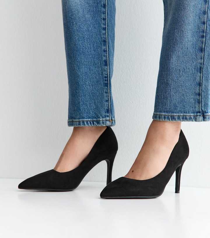 Extra Wide Fit Black Faux Suede Pointed Toe Court Shoes