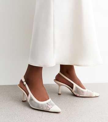 Off White Floral Embroidered Mesh Slingback Shoes