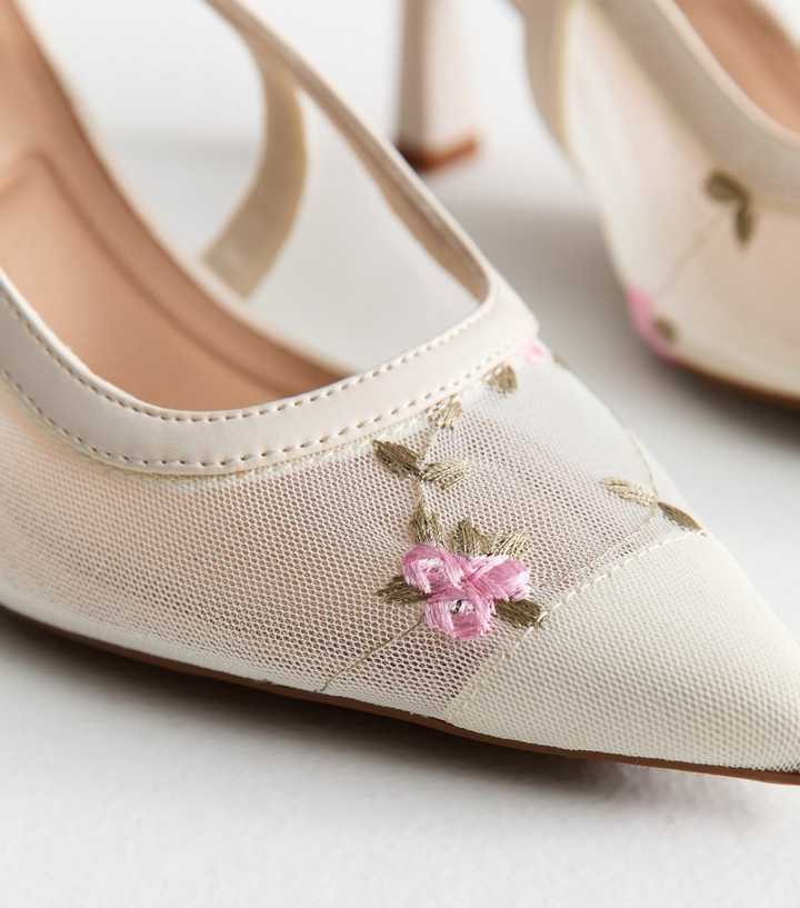 Off White Floral Embroidered Mesh Slingback Shoes | New Look