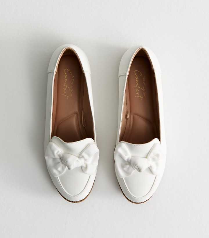 White Faux Leather Bow Appliqued Loafers