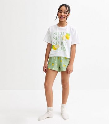 Girls White Sicily Lemon Print Shorts Pyjama Set New Look