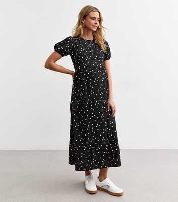 Maternity Black Spot Print Crinkle Bow Back Midi Dress