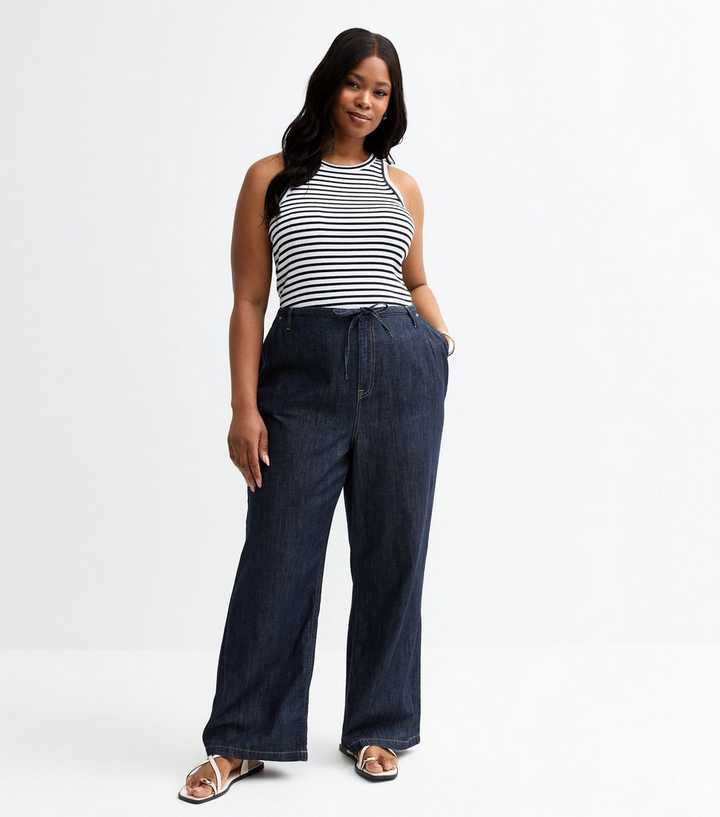 Curves Denim Look Drawstring Wide Leg Trousers