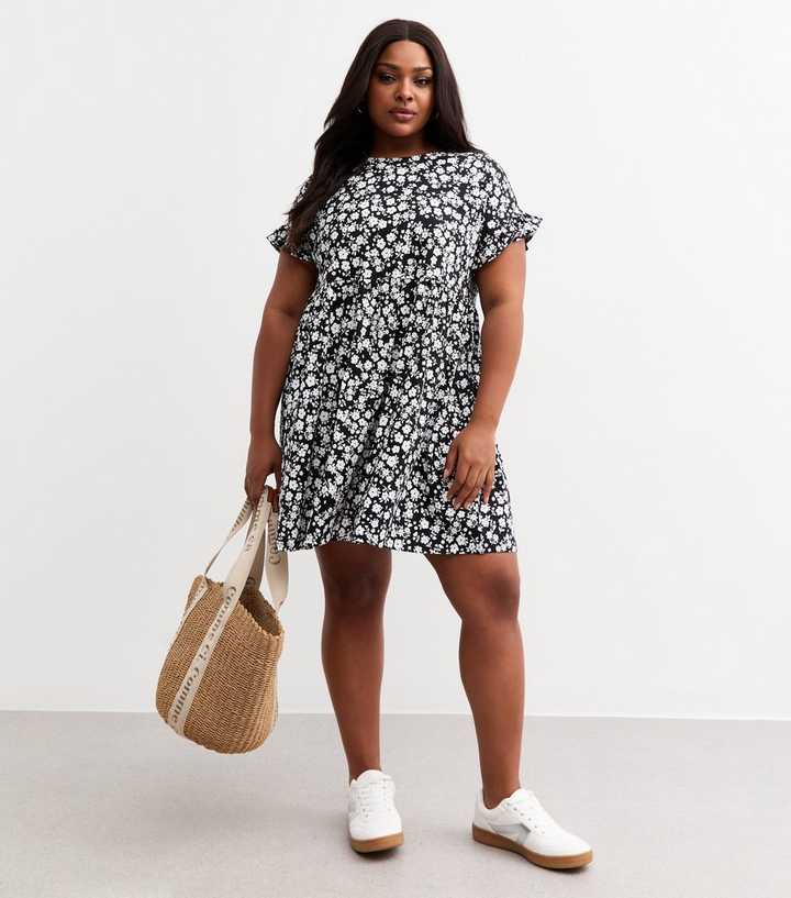 Curves Black Floral Print Jersey Mini Dress