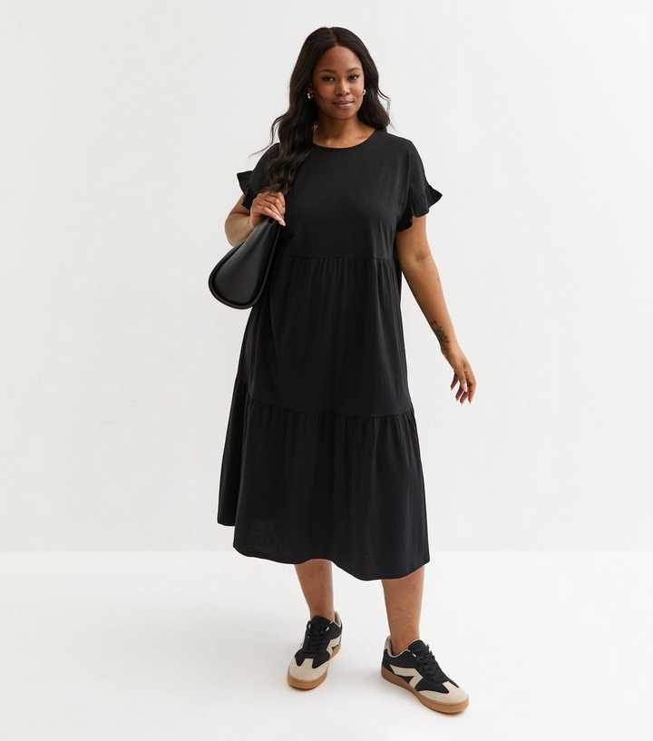 Curves Black Frilly Sleeve Tiered Midi Dress