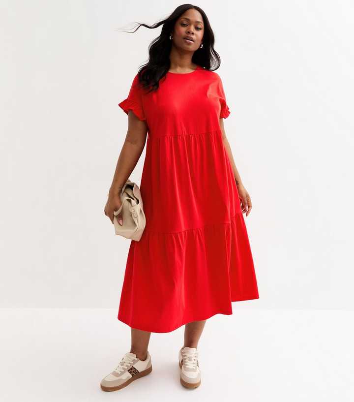 Curves Red Frilly Sleeve Tiered Midi Dress