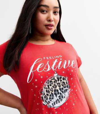 Curves Red Christmas Feeling Festive Print Cotton T-Shirt