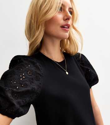 Tall Black Broderie Anglaise Puff Sleeve Top