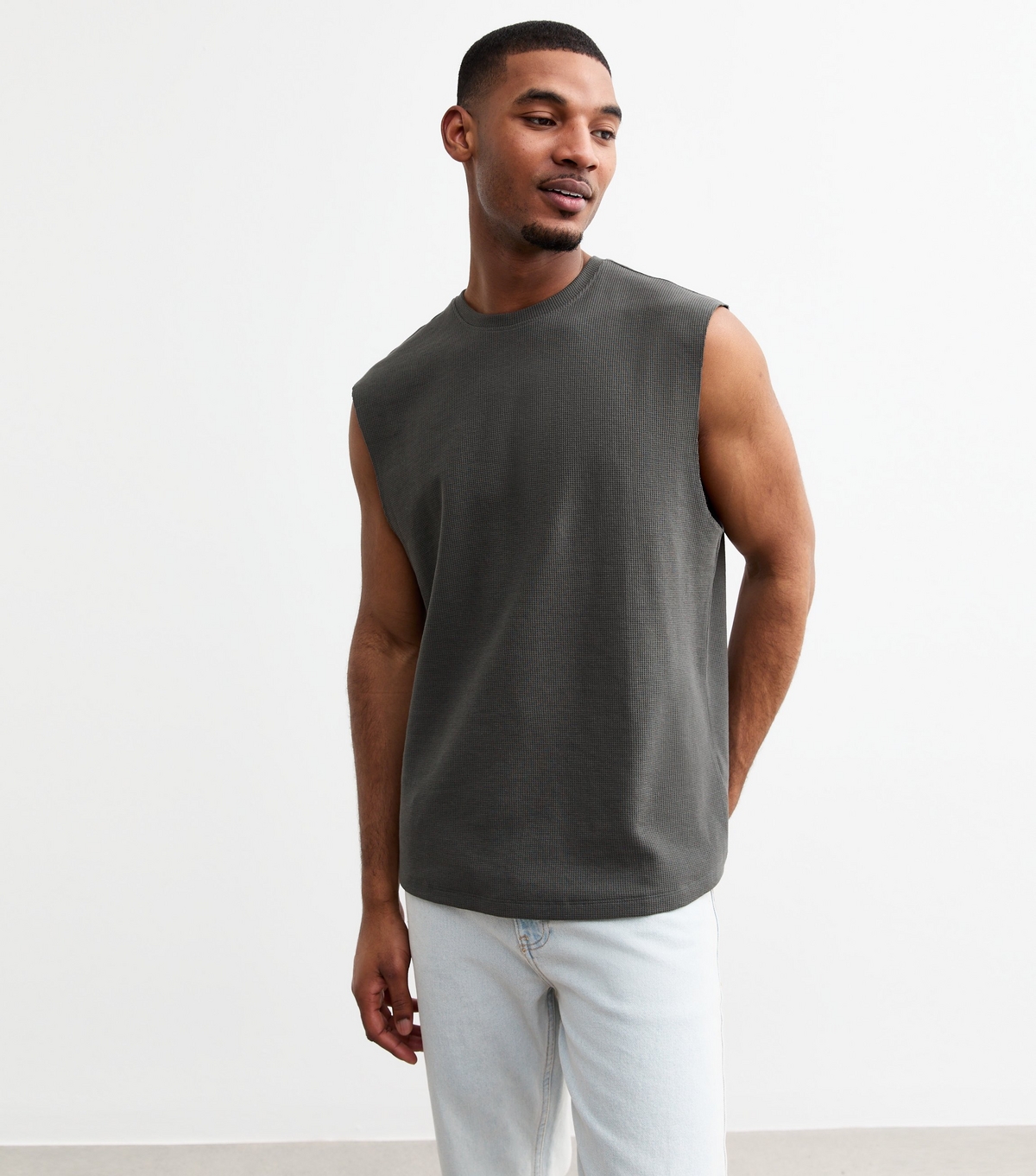 Men's Dark Grey Textured Oversized Tank Vest New Look