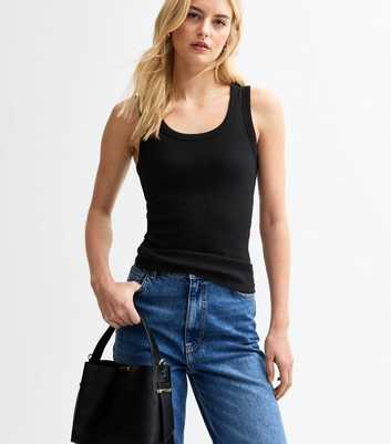 Tall Black Ribbed Wide Strap Scoop Neck Vest Top