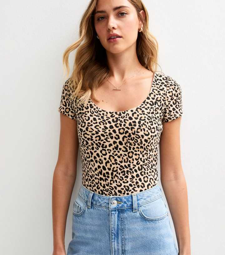 Brown Leopard Print Scoop Neck Bodysuit 