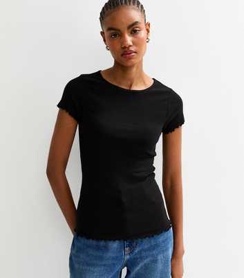 Tall Black Ribbed Jersey Lettuce Trim Tee