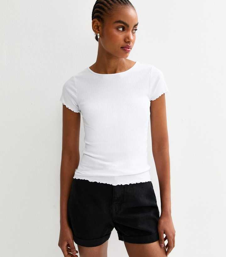 Tall White Ribbed Jersey Lettuce Trim Tee